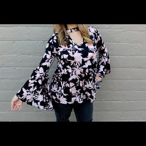 Black floral bell sleeve top